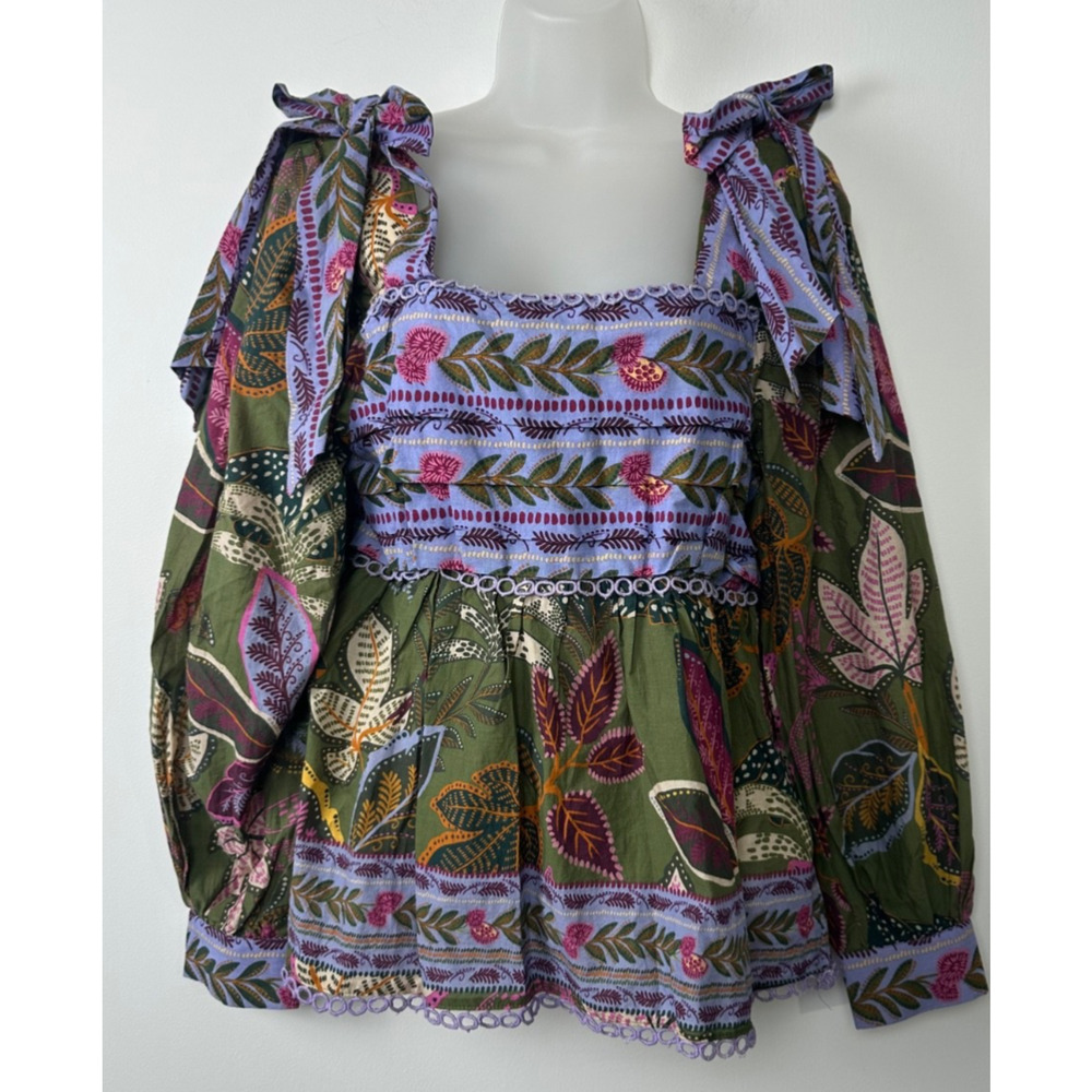 NEW Farm Rio S Top Tropical Multi Green Wild Jungle Blouse Long Puff $185 D56 - Picture 3 of 8